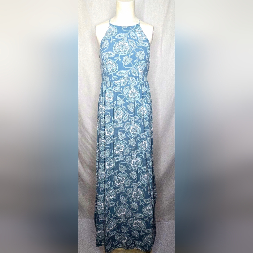 LOFT Ann Taylor Sage Blue‎ Floral Halter Maxi Resort Dress Size Small NWOT